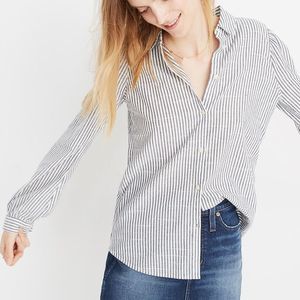 MADEWELL — Women's Medium Puff-Sleeve Button-Down Shirt Grey & White Stripped